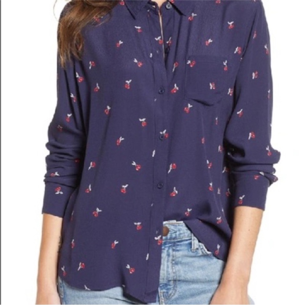 Rails Kate Navy Blue Cherries Pocket Button Down Blouse Shirt.
